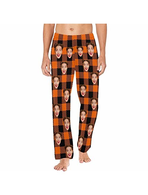 Yescustom Personalized Photo Face Pajama Pants for Men Custom Plaid Stripes Pajama Sleepwear Bottoms with Pockets