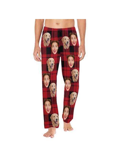 Yescustom Personalized Photo Face Pajama Pants for Men Custom Plaid Stripes Pajama Sleepwear Bottoms with Pockets