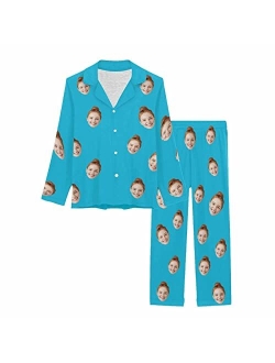 Artsadd Custom Face Pajama Set for Women Personalized Couple Picture Sleepwear Print Long Sleeve Button Nightwear for Couple