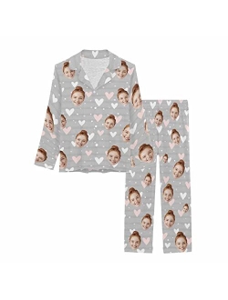 Artsadd Custom Face Pajama Set for Women Personalized Couple Picture Sleepwear Print Long Sleeve Button Nightwear for Couple