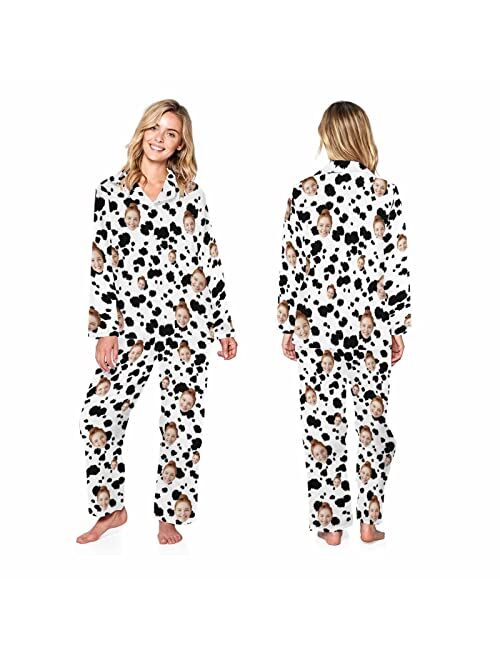 Artsadd Custom Face Pajama Set for Women Personalized Couple Picture Sleepwear Print Long Sleeve Button Nightwear for Couple