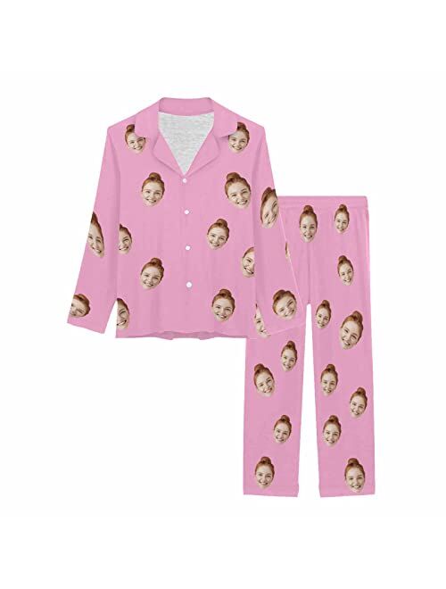 Artsadd Custom Face Pajama Set for Women Personalized Couple Picture Sleepwear Print Long Sleeve Button Nightwear for Couple