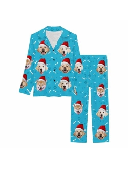 Artsadd Custom Face Black Paw Womens Long Pajama Set Personalized Photo On Sleepwear Nightwear