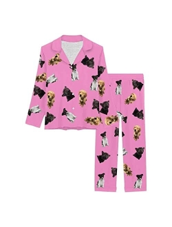 Artsadd Custom Face Black Paw Womens Long Pajama Set Personalized Photo On Sleepwear Nightwear