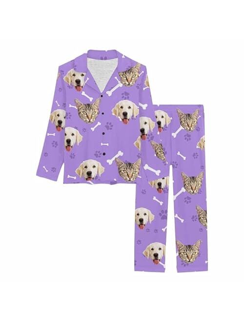 Artsadd Custom Face Black Paw Womens Long Pajama Set Personalized Photo On Sleepwear Nightwear