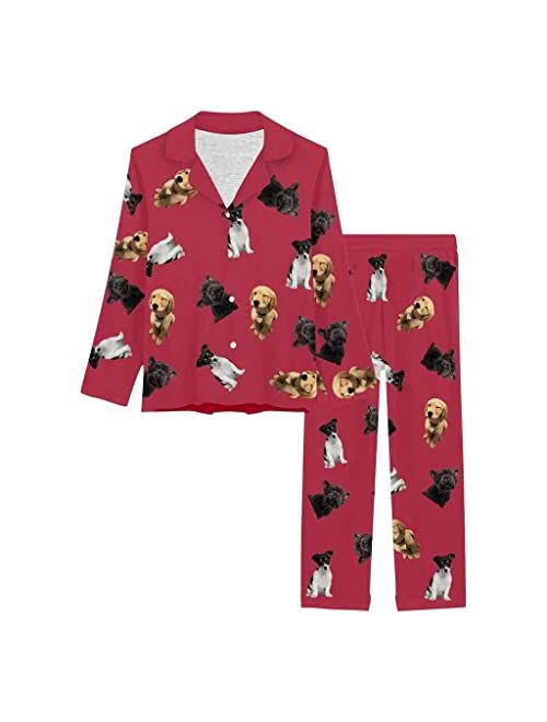 Artsadd Custom Face Black Paw Womens Long Pajama Set Personalized Photo On Sleepwear Nightwear