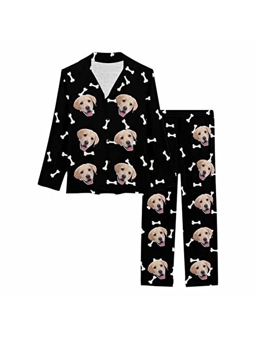 Artsadd Custom Face Black Paw Womens Long Pajama Set Personalized Photo On Sleepwear Nightwear