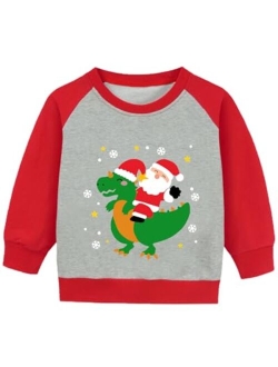 DDSOL Toddler Boy Christmas Sweatshirt Raglan Long Sleeve Santa Elk Dinosaur Holiday Shirt Tops for Kids 2-7T