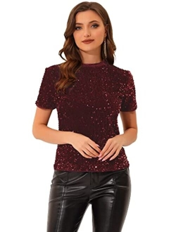 Sequin Top for Women's Velvet Crew Neck Short Sleeve Party Clubwear Christmas Blouse