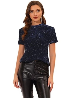 Sequin Top for Women's Velvet Crew Neck Short Sleeve Party Clubwear Christmas Blouse