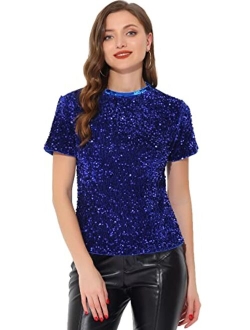 Sequin Top for Women's Velvet Crew Neck Short Sleeve Party Clubwear Christmas Blouse