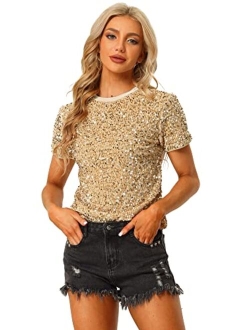 Sequin Top for Women's Velvet Crew Neck Short Sleeve Party Clubwear Christmas Blouse