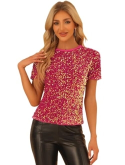 Sequin Top for Women's Velvet Crew Neck Short Sleeve Party Clubwear Christmas Blouse