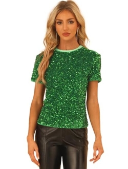 Sequin Top for Women's Velvet Crew Neck Short Sleeve Party Clubwear Christmas Blouse