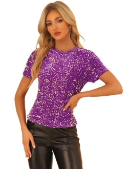 Sequin Top for Women's Velvet Crew Neck Short Sleeve Party Clubwear Christmas Blouse