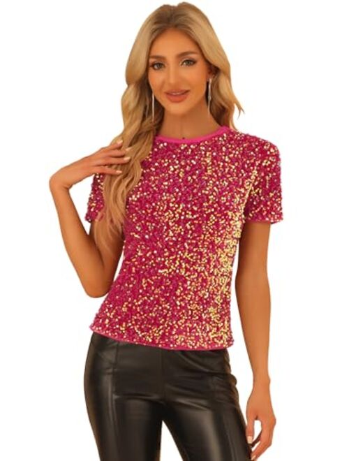 Allegra K Sequin Top for Women's Velvet Crew Neck Short Sleeve Party Clubwear Christmas Blouse