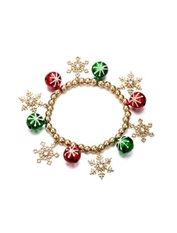 OFGOT7 Bling Christmas White Snowflake Charm Beaded Bracelet Stretch Strand Elastic Glass Dangle Beads Bell Rings for Women Girls