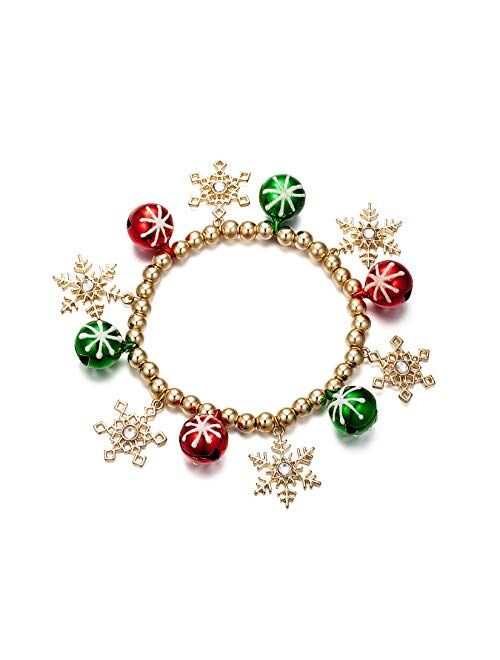 OFGOT7 Bling Christmas White Snowflake Charm Beaded Bracelet Stretch Strand Elastic Glass Dangle Beads Bell Rings for Women Girls