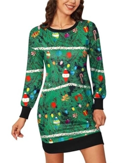 Spadehill Christmas Women Long Sleeve Printed Sweatshirt Dress