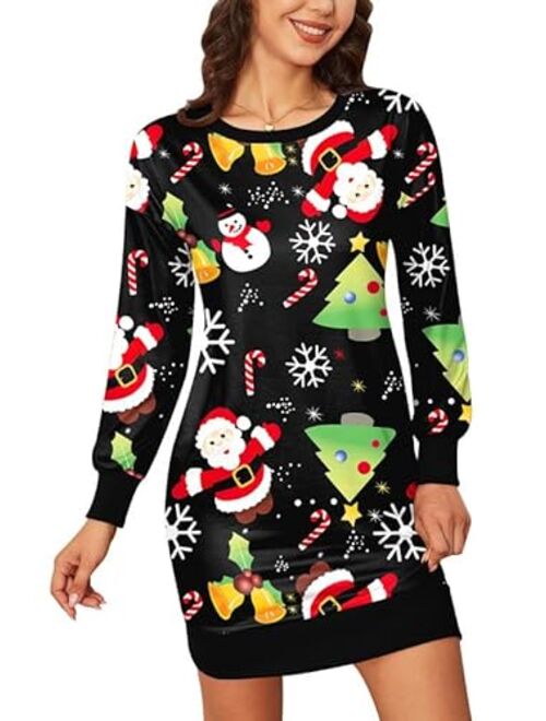 Spadehill Christmas Women Long Sleeve Printed Sweatshirt Dress