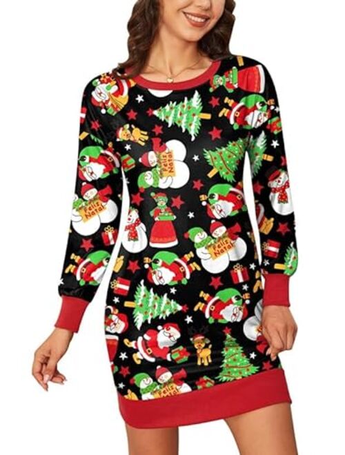 Spadehill Christmas Women Long Sleeve Printed Sweatshirt Dress