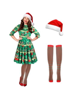 Hillban 3 Pcs Christmas Elf Costume Set Womens Short Sleeve Christmas Dress Thigh High Socks Santa Hat for Xmas Party