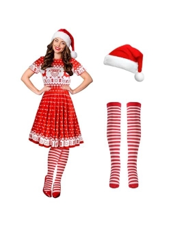 Hillban 3 Pcs Christmas Elf Costume Set Womens Short Sleeve Christmas Dress Thigh High Socks Santa Hat for Xmas Party