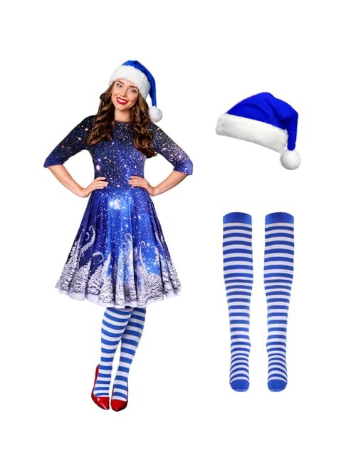 Hillban 3 Pcs Christmas Elf Costume Set Womens Short Sleeve Christmas Dress Thigh High Socks Santa Hat for Xmas Party