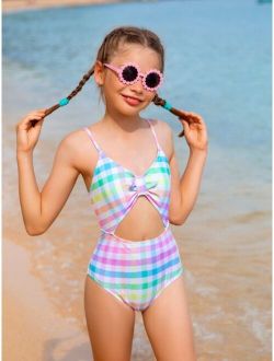 Girls Plaid Cut-out One Piece Swimsuit
