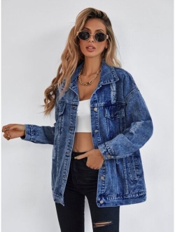 Frenchy Button Front Flap Pocket Drop Shoulder Denim Jacket