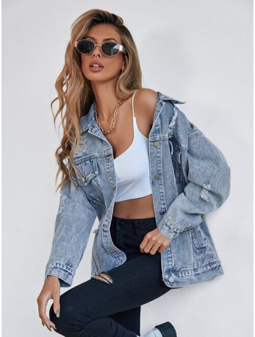 SHEIN Frenchy Button Front Flap Pocket Drop Shoulder Denim Jacket