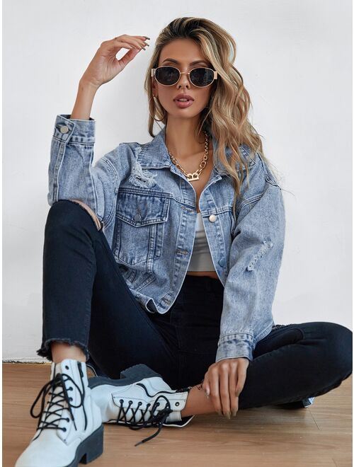 SHEIN Frenchy Button Front Flap Pocket Drop Shoulder Denim Jacket