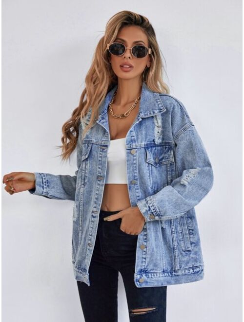 SHEIN Frenchy Button Front Flap Pocket Drop Shoulder Denim Jacket