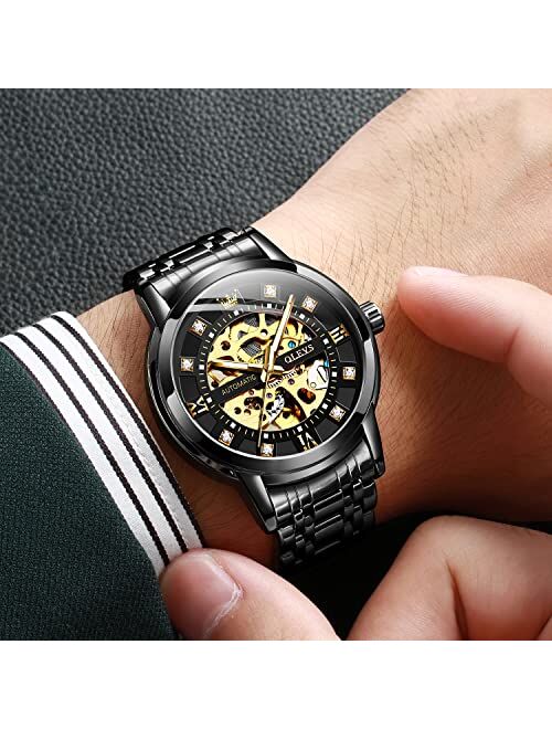 OLEVS Gold Skeleton Men's Automatic Mechanical Watches self Winding Luxury Dress Shiny Diamond Stainess Steel Waterproof Luminous Wrist Watches