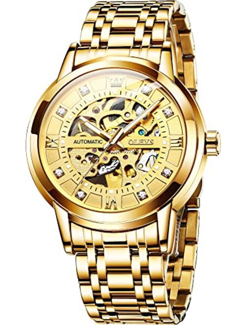 OLEVS Gold Skeleton Men's Automatic Mechanical Watches self Winding Luxury Dress Shiny Diamond Stainess Steel Waterproof Luminous Wrist Watches