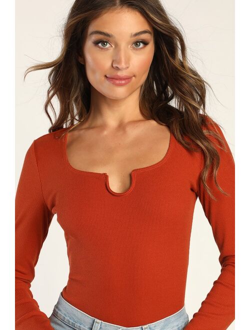 Lulus Fond Favorite Rust Orange Ribbed Long Sleeve Notch Neck Bodysuit