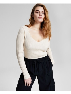 Women's V-Neck Ribbed Sweater-Knit Long-Sleeve Bodysuit, Created for Macy's