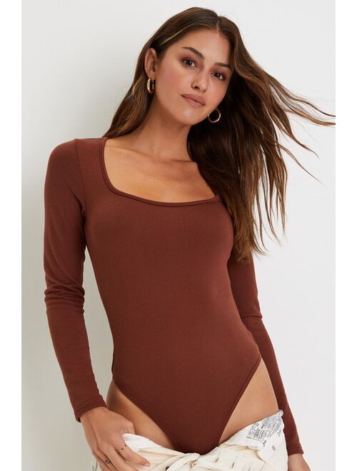 Lulus Charming Essential Brown Square Neck Long Sleeve Bodysuit