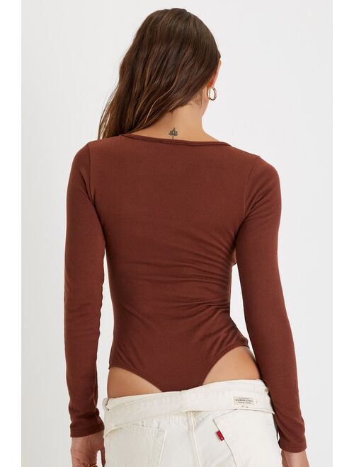 Lulus Charming Essential Brown Square Neck Long Sleeve Bodysuit