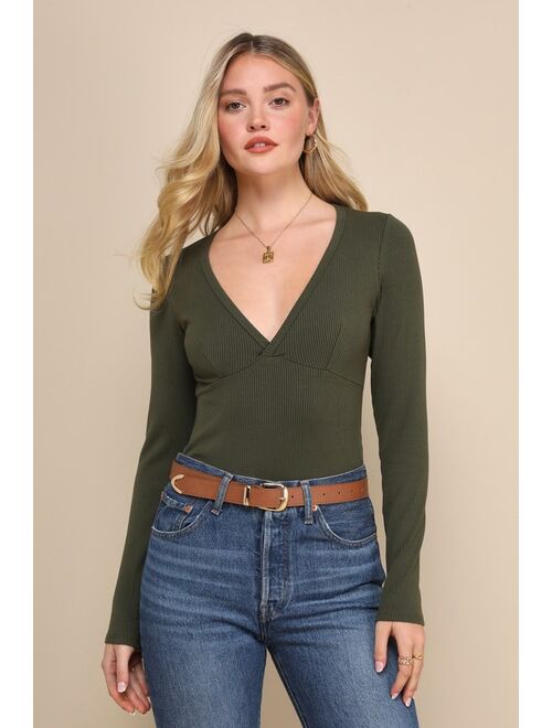 Lulus Always Aesthetic Olive Green Ribbed Long Sleeve Bodysuit