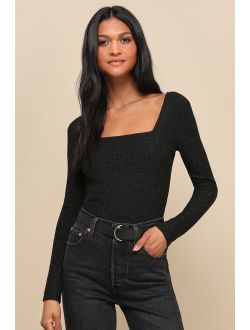 Effortless Glimmer Black Ribbed Knit Lurex Square Neck Bodysuit