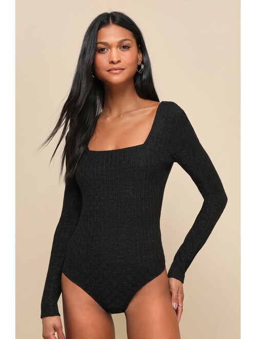 Lulus Effortless Glimmer Black Ribbed Knit Lurex Square Neck Bodysuit