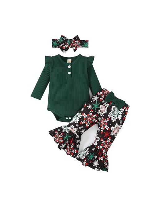 Ovmxqso Newborn Baby Girl Christmas Outfit Ruffle Ribbed Long Sleeve Romper Buffalo Snowflake Floral Pants Set Headband