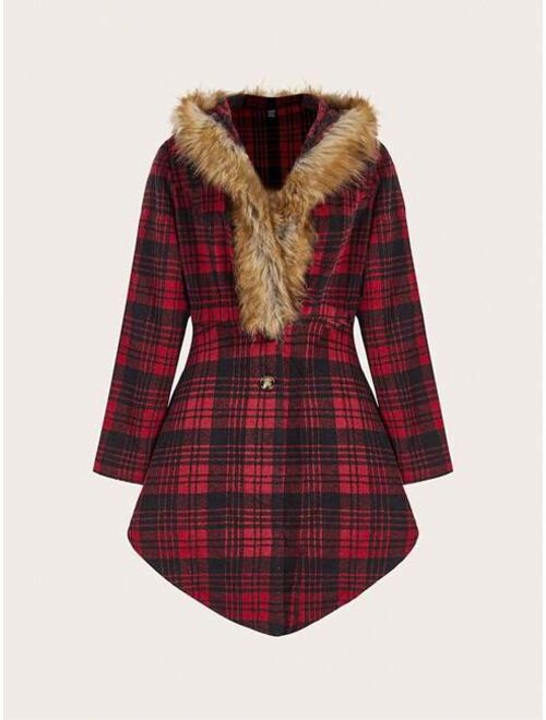 SHEIN Clasi Plaid Print Fuzzy Trim Overcoat