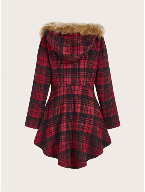 SHEIN Clasi Plaid Print Fuzzy Trim Overcoat