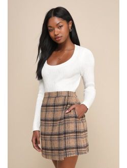 Poised Charm Beige and Brown Tweed Plaid Faux Wrap Mini Skirt