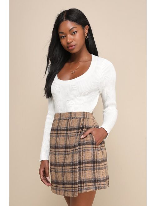 Lulus Poised Charm Beige and Brown Tweed Plaid Faux Wrap Mini Skirt