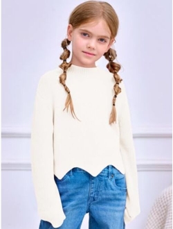 Haloumoning Girls Mock Neck Sweaters Kids Fall Fashion Long Batwing Sleeve Rib Knit Pullover Clothes 5-14 Years