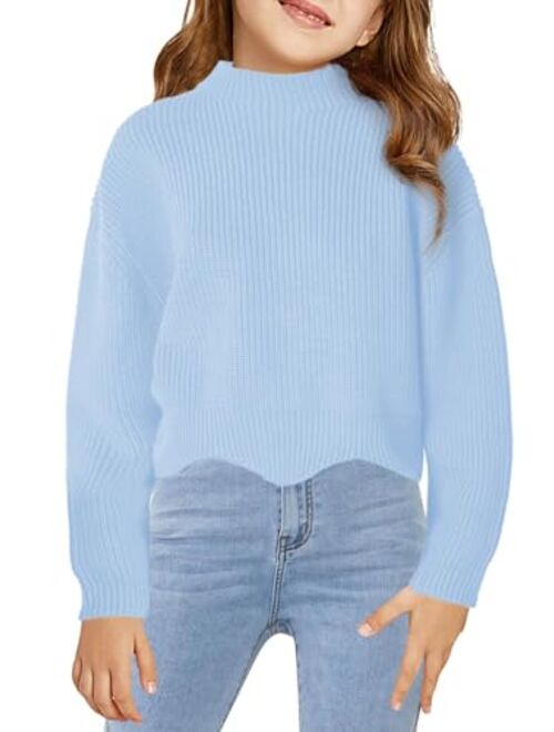 Haloumoning Girls Mock Neck Sweaters Kids Fall Fashion Long Batwing Sleeve Rib Knit Pullover Clothes 5-14 Years