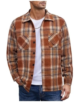 Men's Flannel Shirts Casual Button Down Plaid Shirt Jacket Long Sleeve Fleece Shacket with Pockets